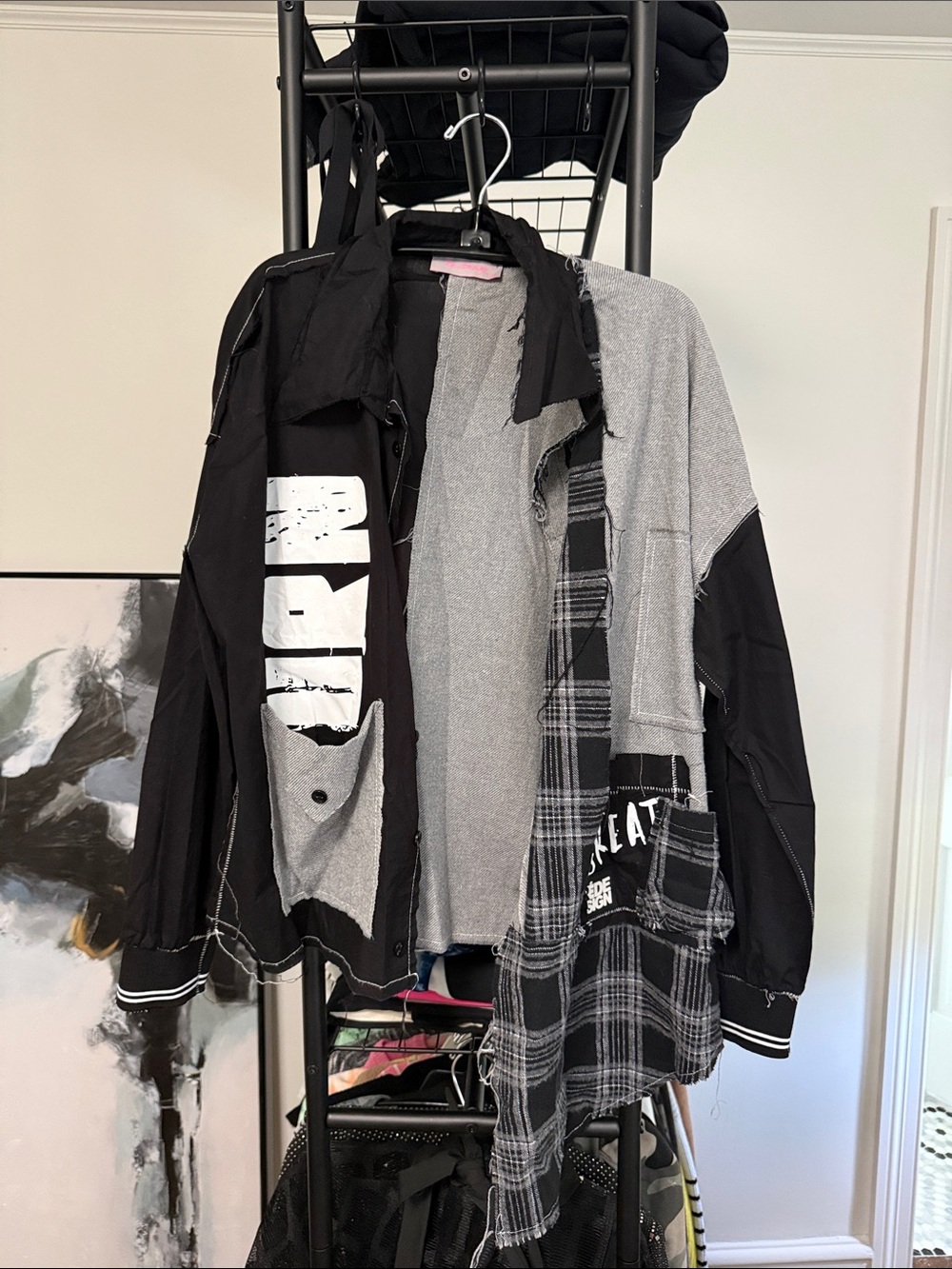 Patchwork Button-Down Shirt Jacket - Black & Gray